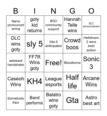 Game Awards Bingo Card