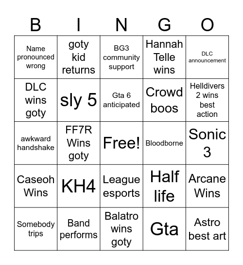 Game Awards Bingo Card