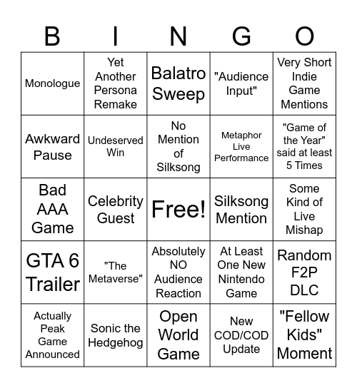 Game Awards Bingo Card