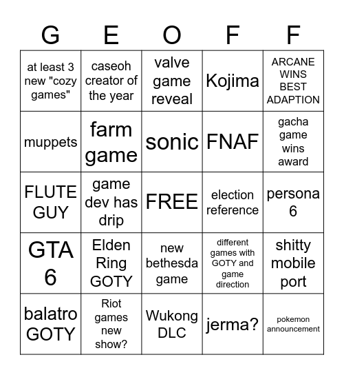 GAME AWARDS BINGO Card