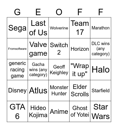 GEOFF Bingo Card