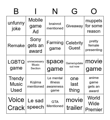 Game Awards 2024 Bingo Card