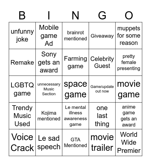 Game Awards 2024 Bingo Card