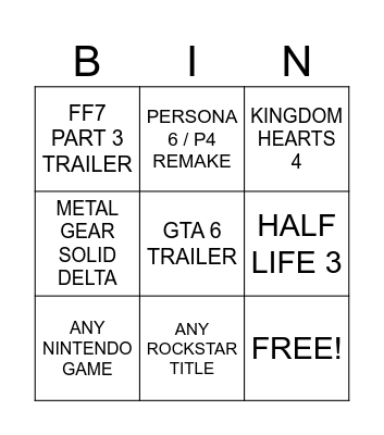 GAME AWARDS BINGO Card
