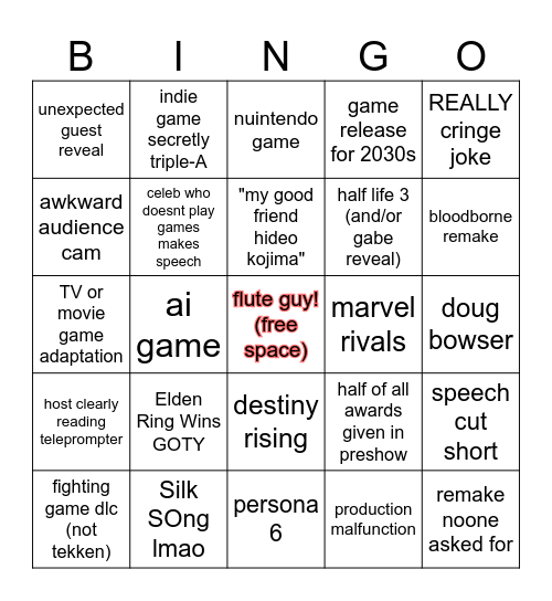 Game Awards 2024 Bingo Card