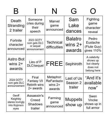 The Game Awards 2024 Bingo Card
