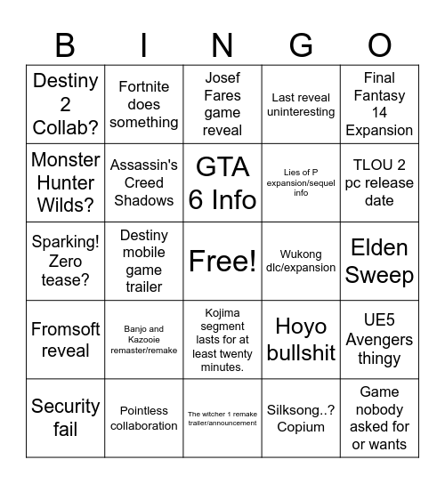 The Game Awards 2024 Bingo Card