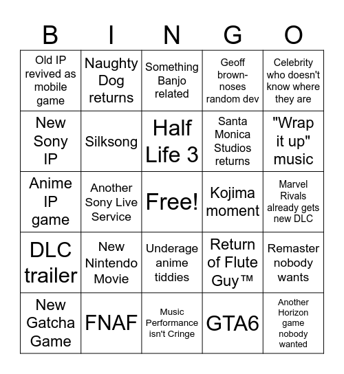 Game Awards Bingo Card