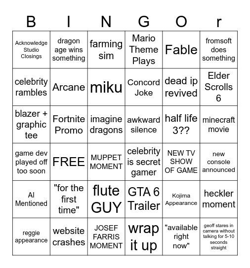 GAME AWARDS BINGOR Bingo Card