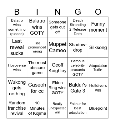 Game Awards Bingo Card