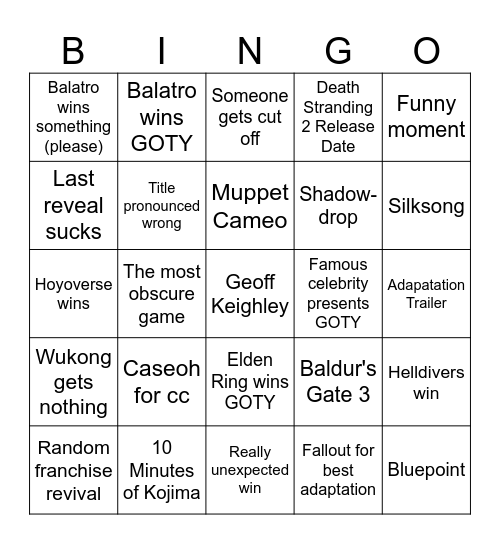 Game Awards Bingo Card