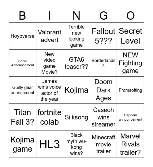 2024 game award bingo Card