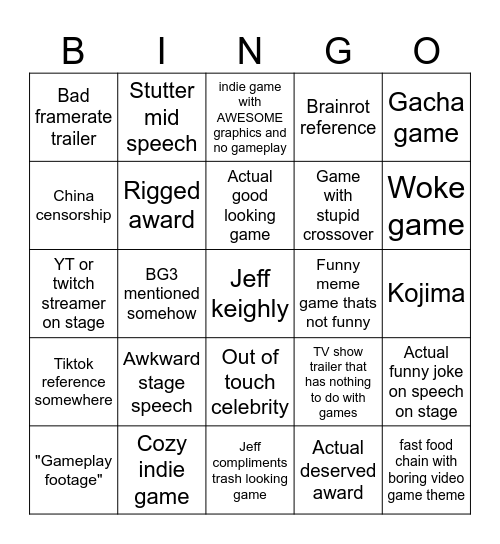 Game Awards 2024 Bingo Card