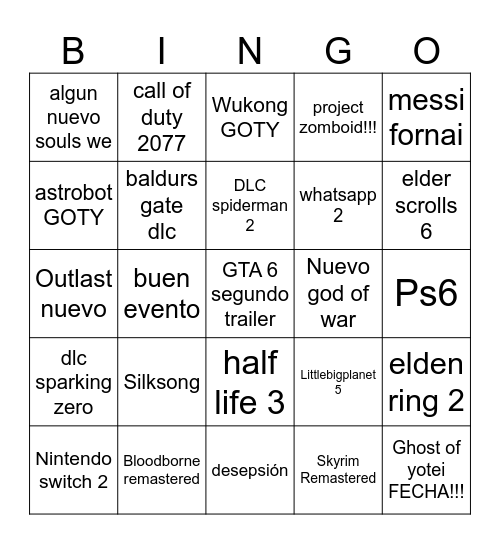 Game awards Bingo Card