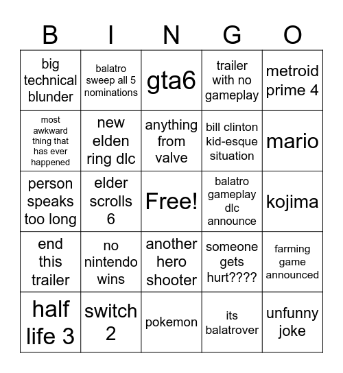 GAME AWARDS Bingo Card