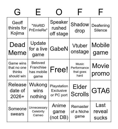 TGA 2024 Bingo Card