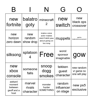 game awards Bingo Card