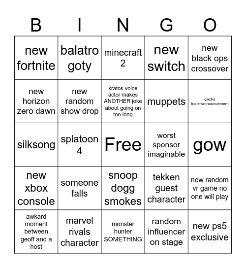 game awards Bingo Card