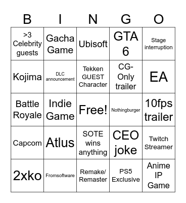 TGA2024 Bingo Card