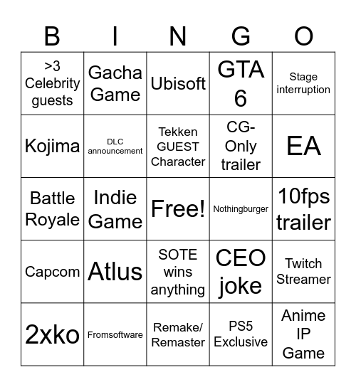 TGA2024 Bingo Card