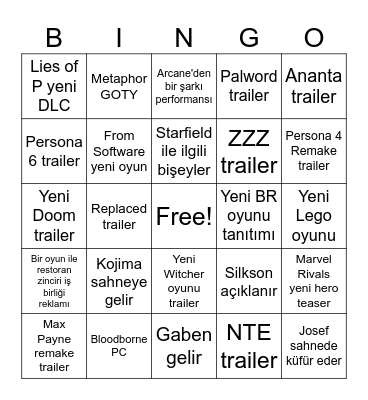Game Awards 2024 Bingo Card