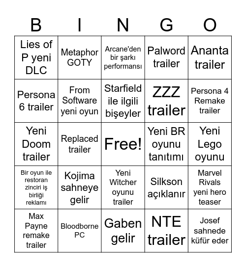 Game Awards 2024 Bingo Card