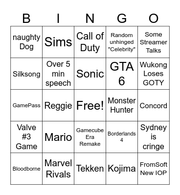 Game Awards Bingo Card