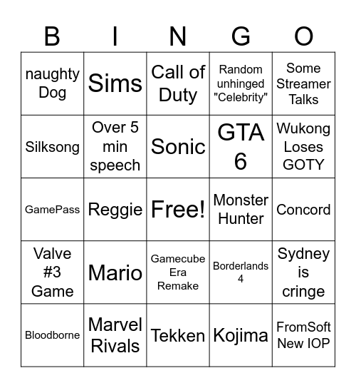 Game Awards Bingo Card