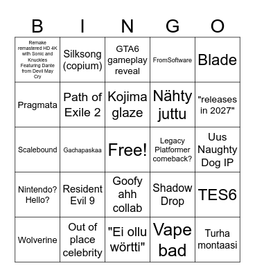 Game Awards Bingo Card