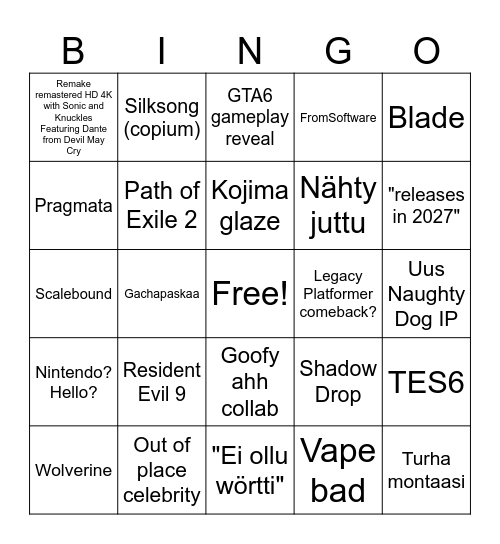 Game Awards Bingo Card