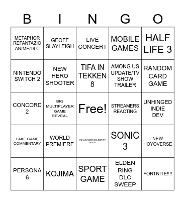 G*ME AW*RDS 2024 BINGO CARD Bingo Card