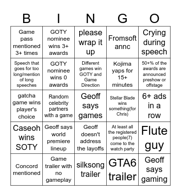 2024 Game Awards Bingo Card