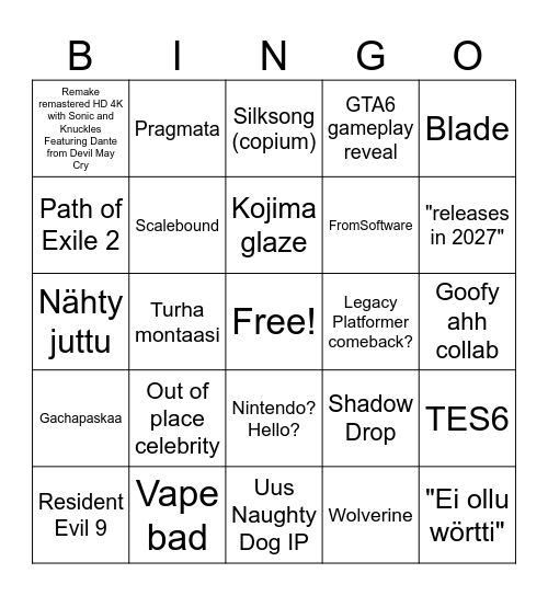 Game Awards Bingo Card