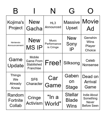 Game Awards Bingo Card
