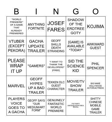 Game Awards Bingo Card