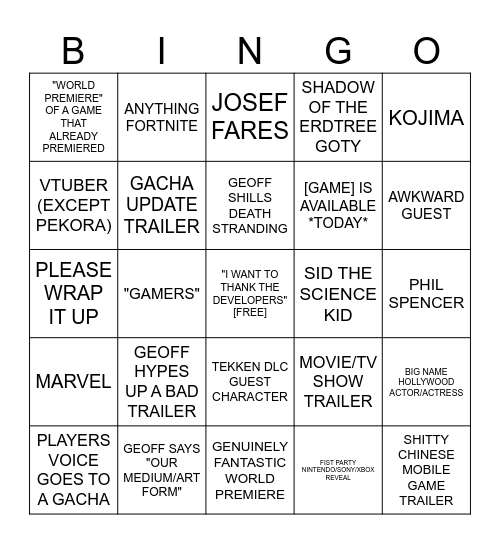 Game Awards Bingo Card