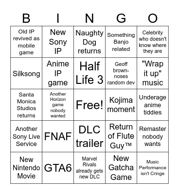 Game Awards Bingo Card