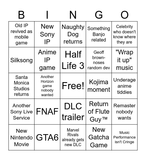 Game Awards Bingo Card