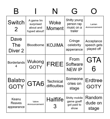 Game awards 2024 Bingo Card
