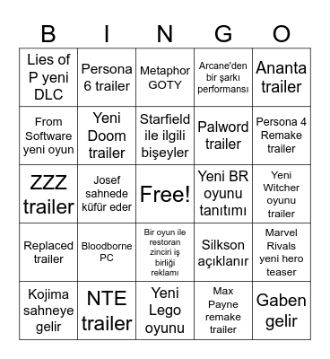 Game Awards 2024 Bingo Card