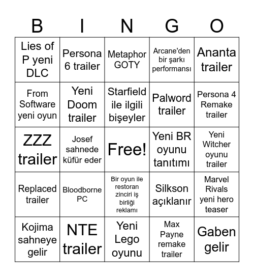 Game Awards 2024 Bingo Card