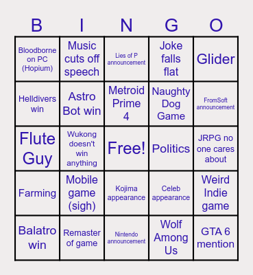 Game Awards 2024 Bingo Card