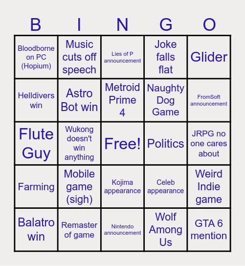 Game Awards 2024 Bingo Card