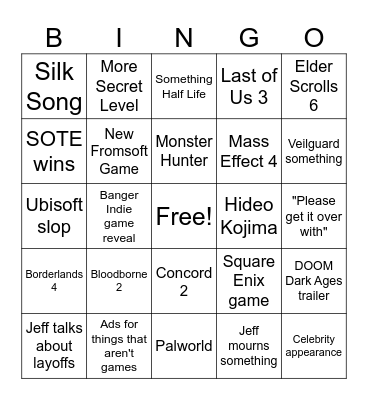 Game Awards Bingo Card