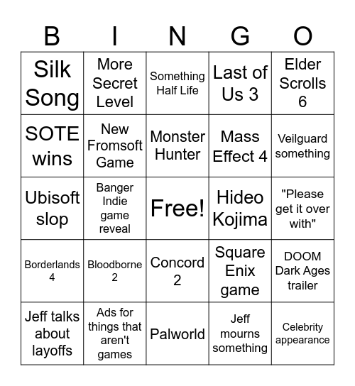 Game Awards Bingo Card