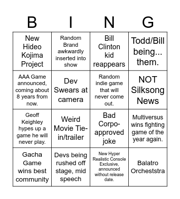 Game Awards Bingo Card Bingo Card
