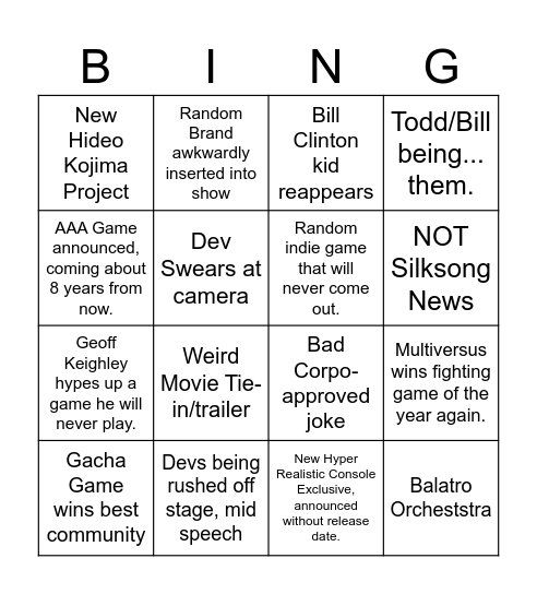 Game Awards Bingo Card Bingo Card