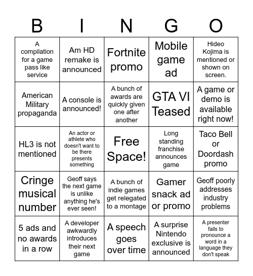 TGAs Bingo Card