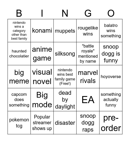 video game Bingo Card