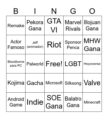 Game Awards Bingo Card